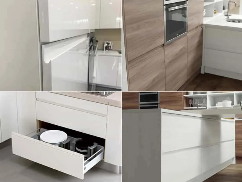 Ứng dụng cánh tủ hệ tay nắm chữ J màu trơn hiện đại cho ngăn kéo tủ bếp
